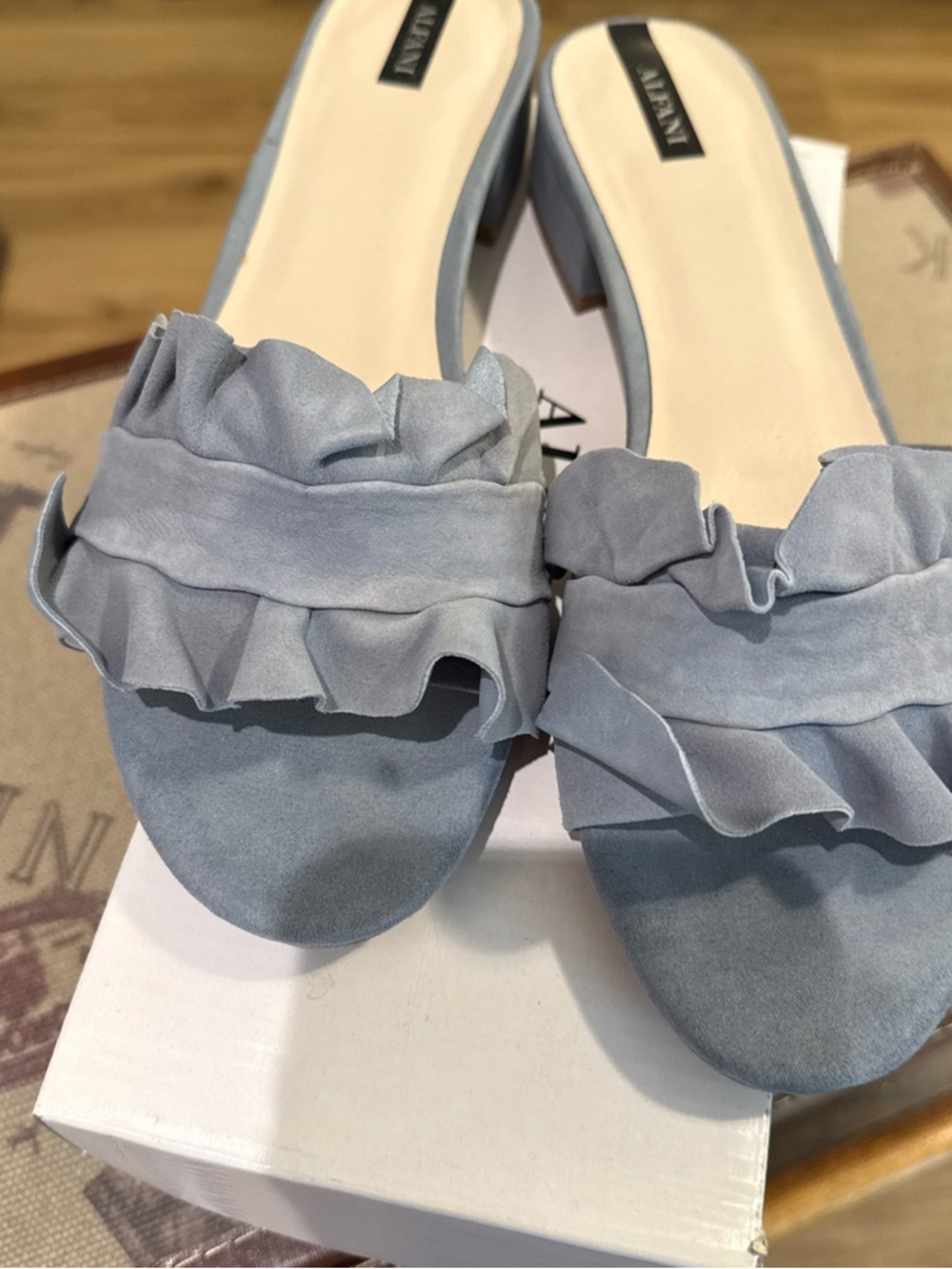 Alfani Monahl Chambray Blue Ruffle Slide sandals